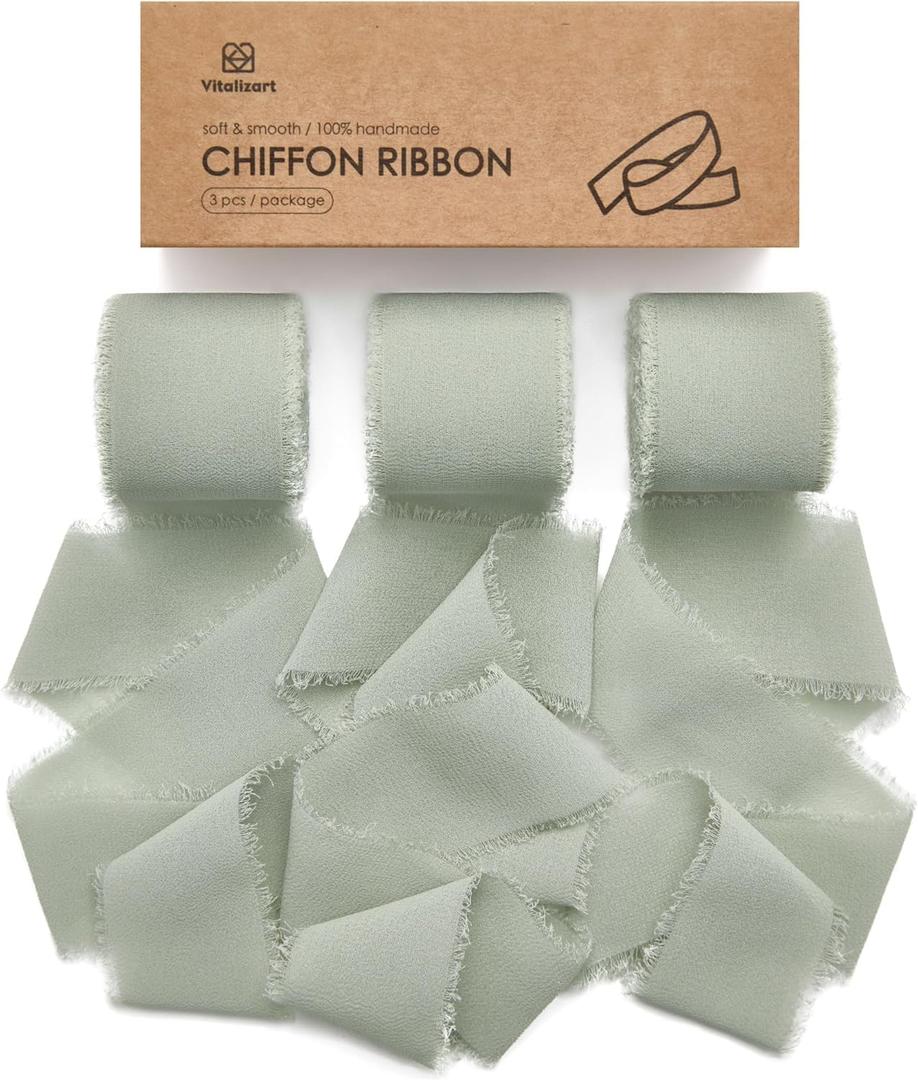 Vitalizart Sage Green Handmade Chiffon Silk Ribbon Fringe 3 Rolls 1.5" x 21 Yd Frayed Edges Ribbons for Wedding Invitations Bridal Bouquets Gifts Wrapping Crafts Holiday Decor