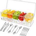 5 Compartment Condiment Server, Ice Chilled Condiment Containers with Lid, Clear Condiment Caddy Serving Tray on Ice with 5 Serving Spoons 5 Fruit Forks 2 Serving Tongs