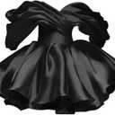 Teens A-line Ruffles Satin Short Party Dress Off Shoulder Short Homecoming Cocktails Dress for Women (Black) 8