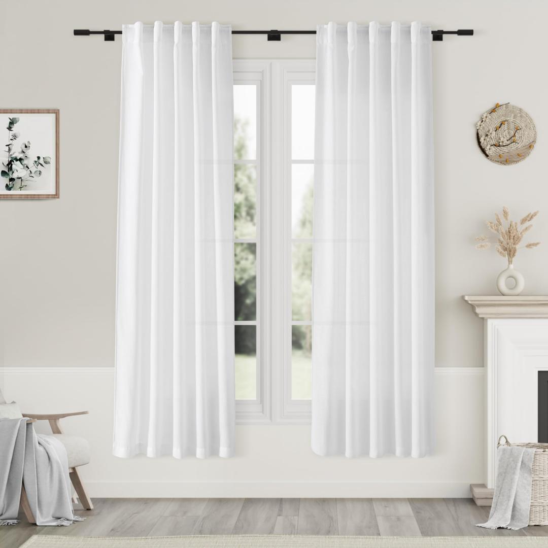 Nanspring White Linen Curtains 70 Inches Long 2 Panels Set Back Tab Rod Pocket Light Filtering Semi Sheer Linen Textured Elegant Farmhouse Airy Privacy Drapes for Bedroom Children Living Room 52x70