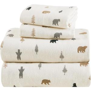 Comfort Spaces 100% Cotton Flannel Sheets Full Size, Ultra Soft Cozy Flannel Sheet Set with 12" Elastic Pocket Fits up to 14" Mattress, Novelty Print Warm Flannel Bedding, Bear/Trees Set of 4