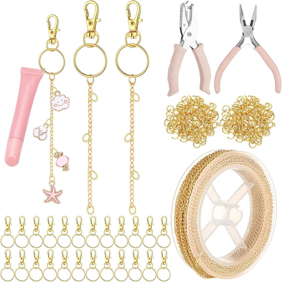 VioraWhite 227 Pcs Lip Gloss Keychain Making Kit Bulk 24 Keychain Clips with Lobster Claw Clasps 200 Jump Ring Chain Plier Hole Puncher for Valentine's Day DIY Lip Gloss Crafts Supplies(Gold)