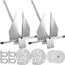 Lounsweer 2 Sets Boat Anchor Kit Portable Galvanized Fluke Anchor with Anchor Chain, Anchor Rope and Shackles for Different Size Boats Pontoon, Deck, Fishing, and Sail Equipments (8 lb, Silver)