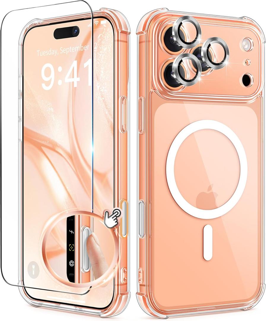 BERFY for iPhone 17 Pro Max Case for Women, Compatible with MagSafe, Crystal Clear Shockproof Protective Case, Anti-Yellowing, with Screen Protector & 3 Camera Lens Covers 6.9", Clear