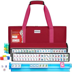 American Mahjong Tile Set,166 Pink Tiles Mahjong Set,4 Colors Mahjong Racks,Travel Mahjong Set with Red Carrying Bag, 1.2" x 0.9" x 0.5"