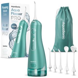 AquaSonic Aqua Flosser PRO - Rechargeable Cordless Water Flosser for Teeth, Gums & Tongue - Modern Design, 300ml Large Tank, 6 Jet Tips with Deluxe Tongue Nozzle, 3 Modes, Waterproof Mint Green