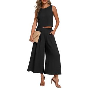 Lepunuo Womens Summer 2 Piece Outfits Sleeveless Crop Top Flowy Wide Leg Pants Matching Sets Vacation Beach Travel Outfits (M, Black)