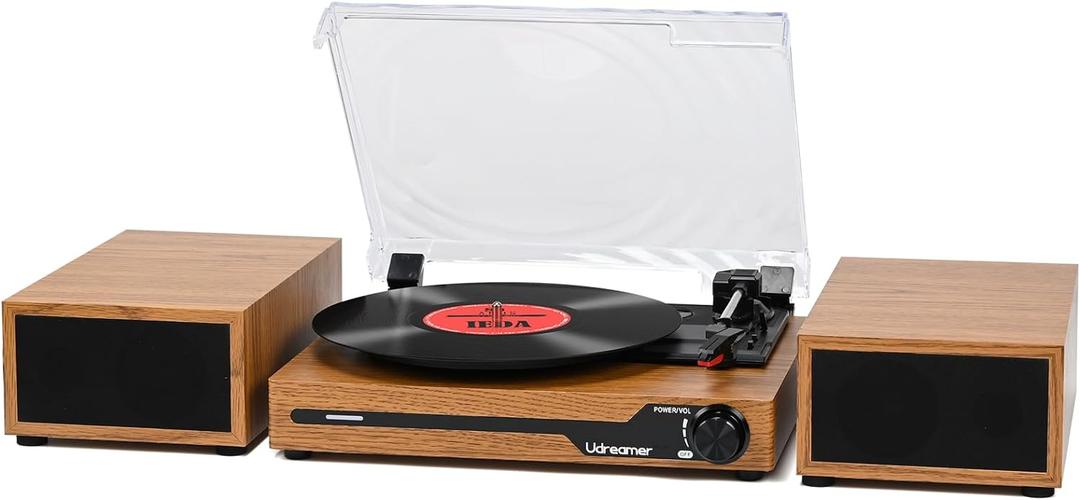 Vinyl Record Player with External Speakers BT 5.3 Wireless Turntable Portable with 3 Speed USB Vintage Wooden Golden