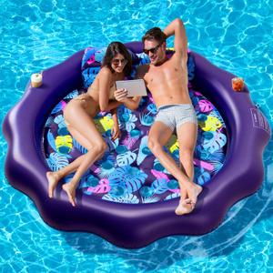 Inflatable Pool Floats Adult Size - 77" X-Large Heavy Duty Tanning Floating Mat Cooling Holes Lounger with Pillow, Pool Floaties Bed with Cup Holders for Backyard Swimming Pool Party, Purple