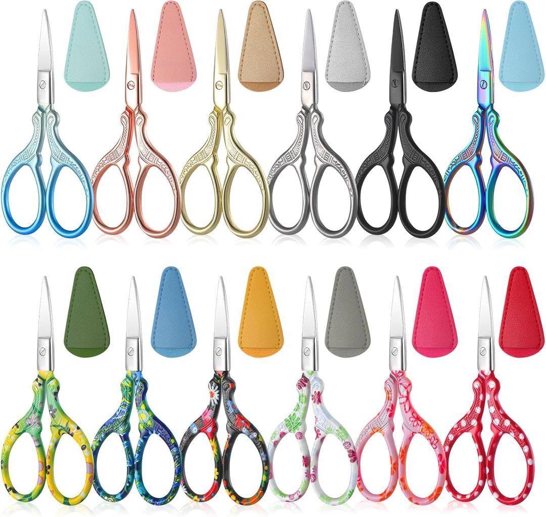 Therwen 12 Pcs 3.6 Inch Embroidery Scissors with Artificial Leather Cover Sewing Scissors Stainless Steel Vintage Craft for Crafting Threading DIY Needlework Art Manual Handicraft