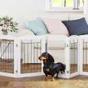 PAWLAND 6 Panels Dog Gate Indoor with Walk Through Door, Foldable FreeStanding Pet Gate for Doorways, Stairs, the Houes, Pet Puppy Safety Fence, 120 in Extra Wide, Support Feet Included, White