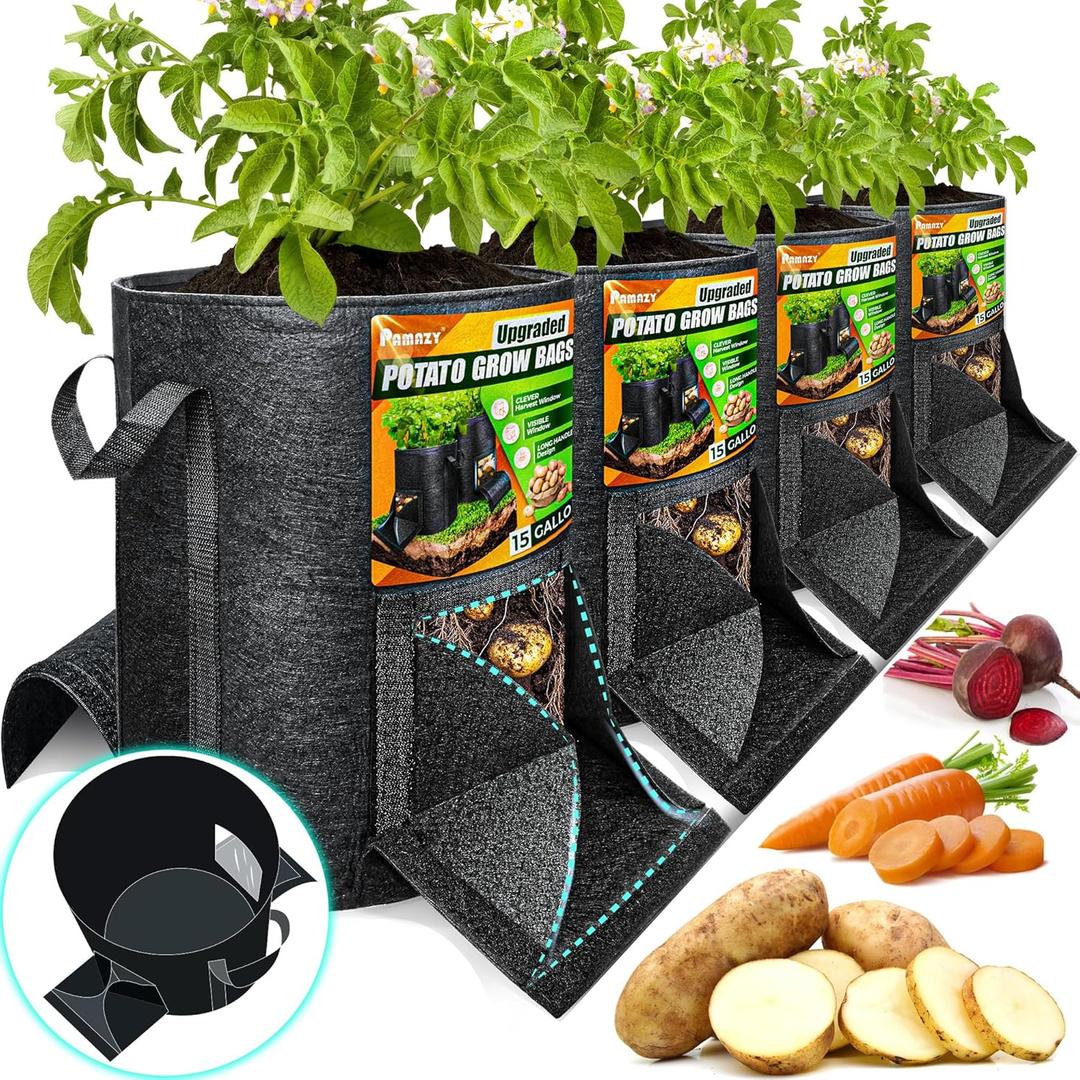 [Upgraded] 4Pcs 15 Gallon Potato Grow Bags with Unique Harvest Window & Visible Window, Non-Woven Planter Pot with Sturdy Handle, Potato Growing Container, Plant Garden Bags to Grow Vegetables, Tomato
