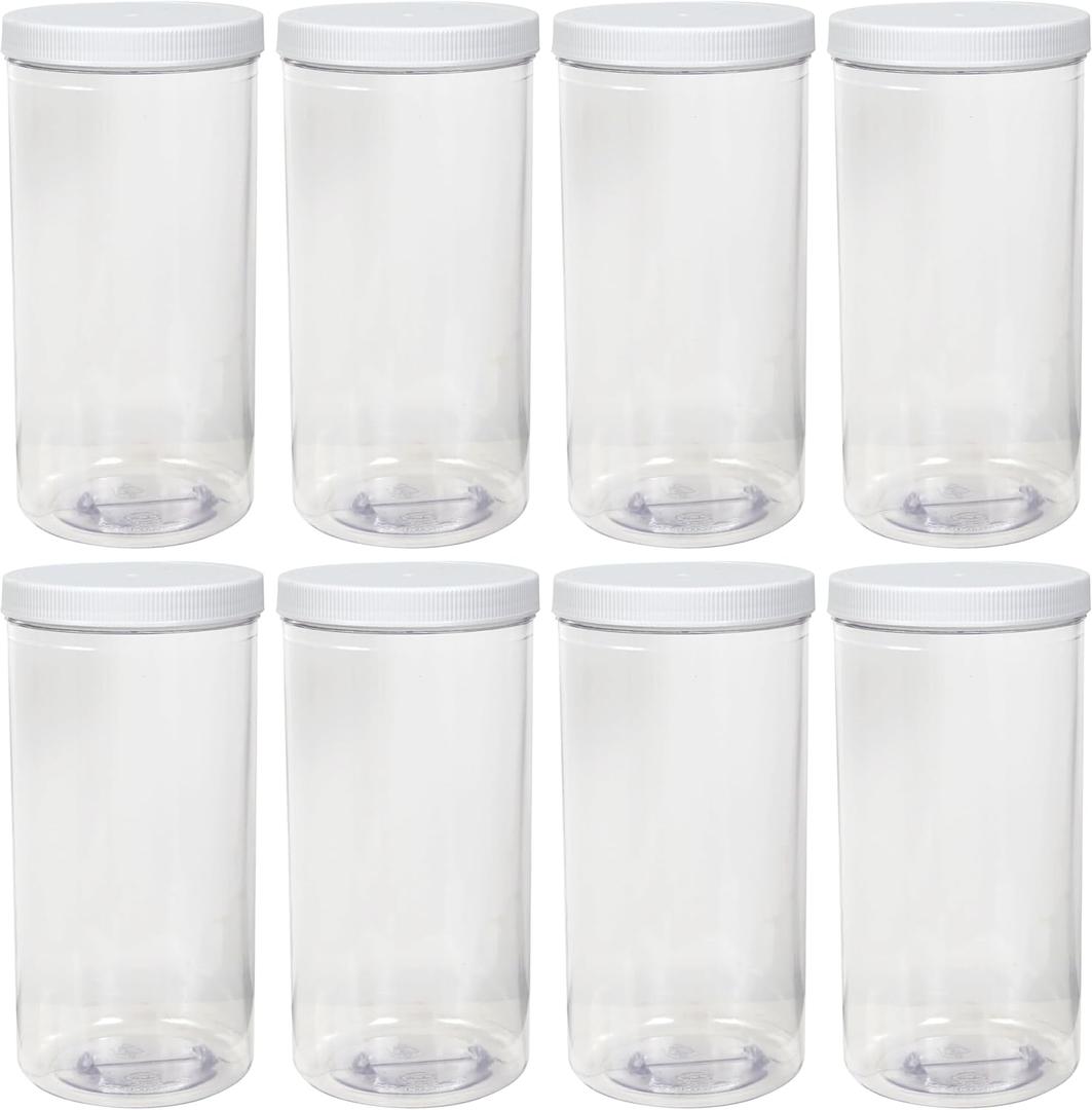8 Pack Clear Plastic Jars with White Lid, 68 Oz Round Storage Jars, Empty Large Mason Jars, Tall Canisters Cylinders, Pantry Container for Dry Food, Spice, Cereal, Nuts, Noodles