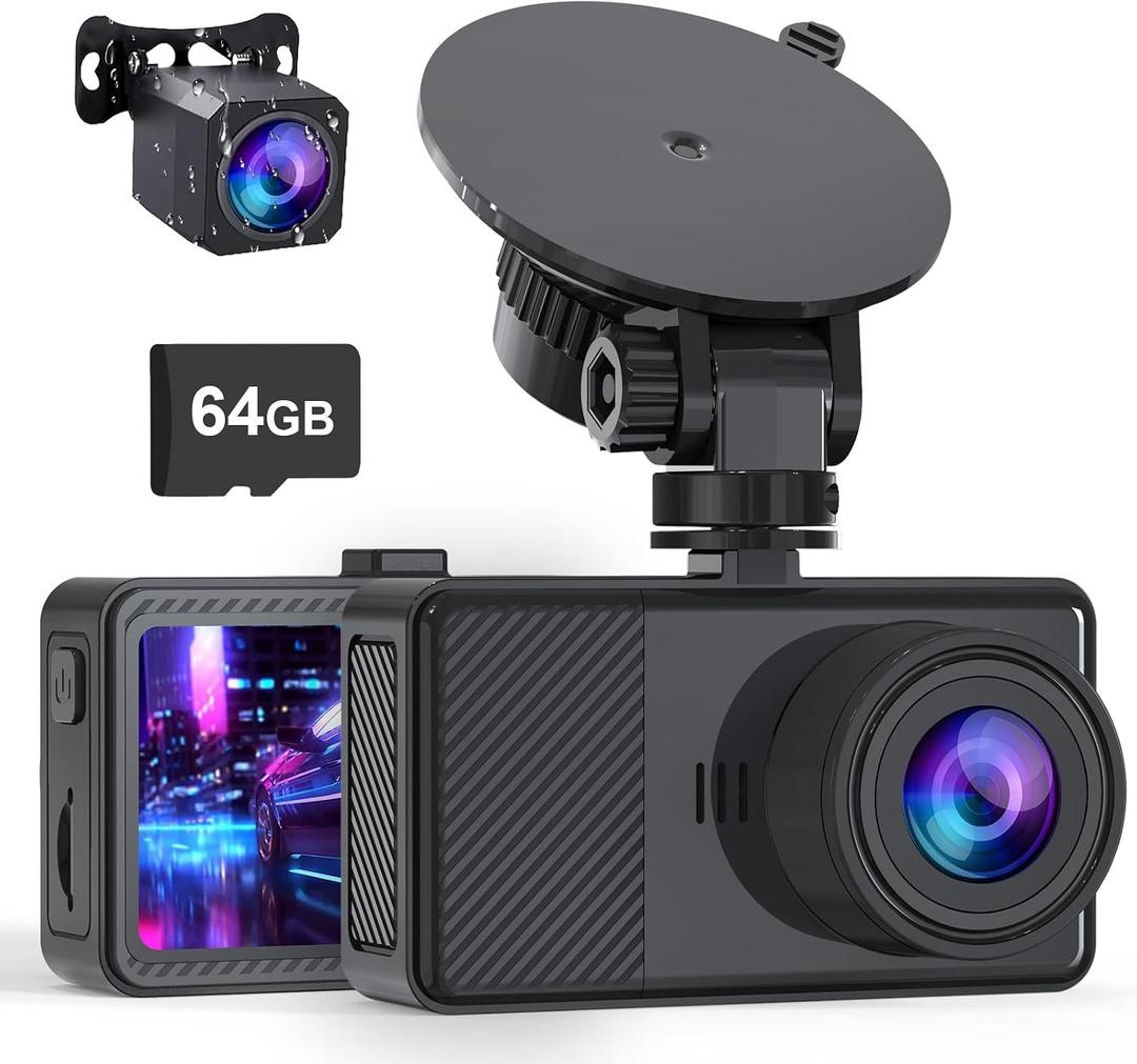 Dash Cam Front and Rear, 2.5K+1080P Dual Dash Camera for Cars, 2 Display Mini Car Camera, G-Sensor Dashcam, Night Vision, 24H Parking Mode, Loop Recording, 170Wide Angle, 64GB Card Included