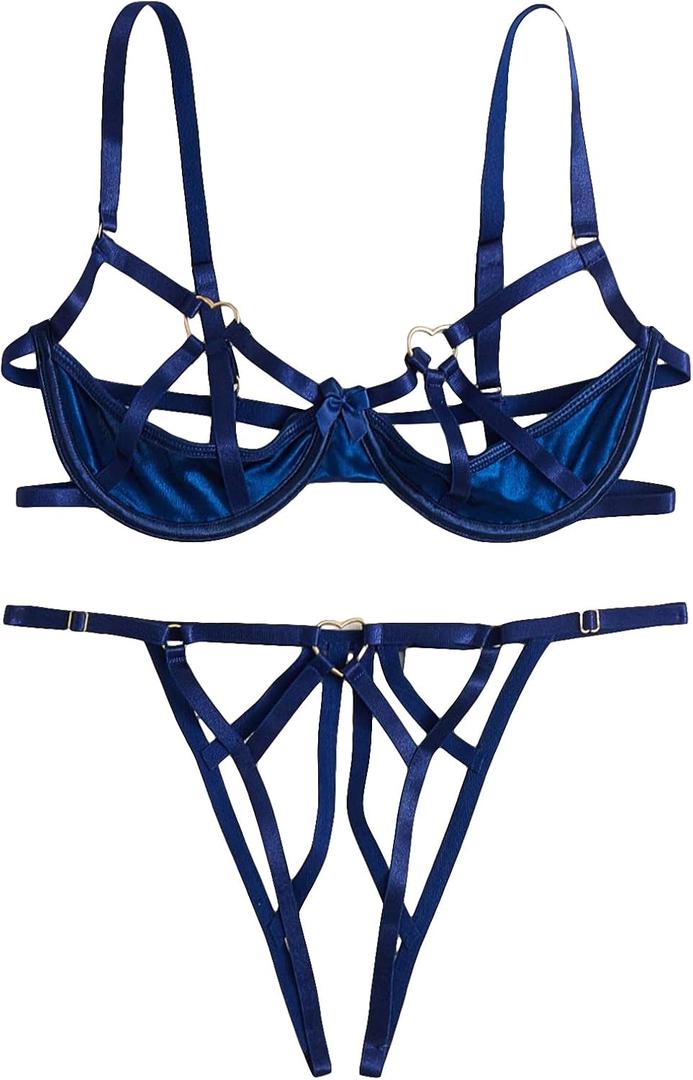 Verdusa Women's 2 Piece Cut Out Underwire Sexy See Through Bra and Panty Lingerie Sets (Large, Royal Blue)