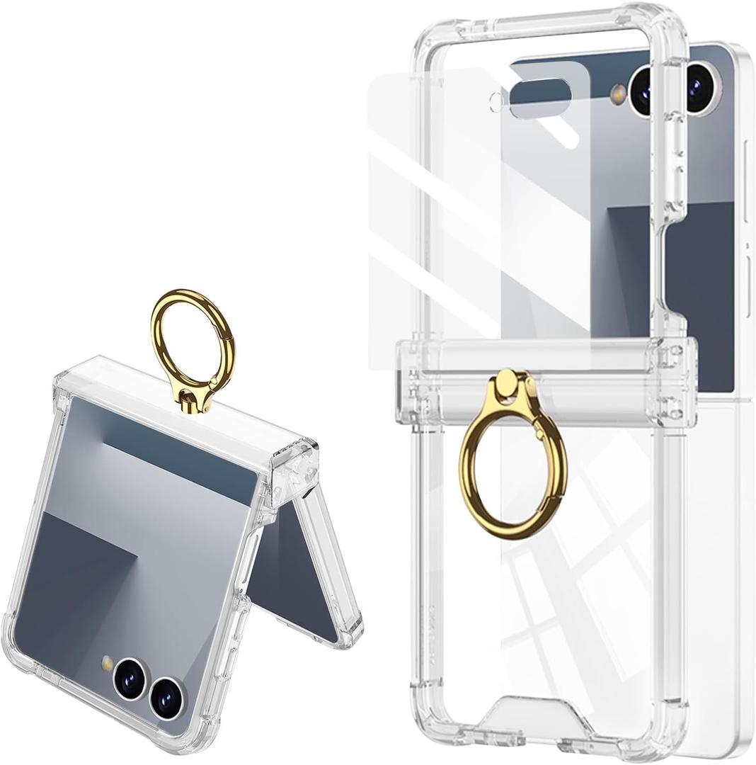 for Samsung Galaxy Z Flip 7 Clear Case Hinge Protection with Ring Holder & Screen Protector Soft All-Inclusive Shockproof Cover for Samsung Galaxy Z Flip 7 (Full Clear)