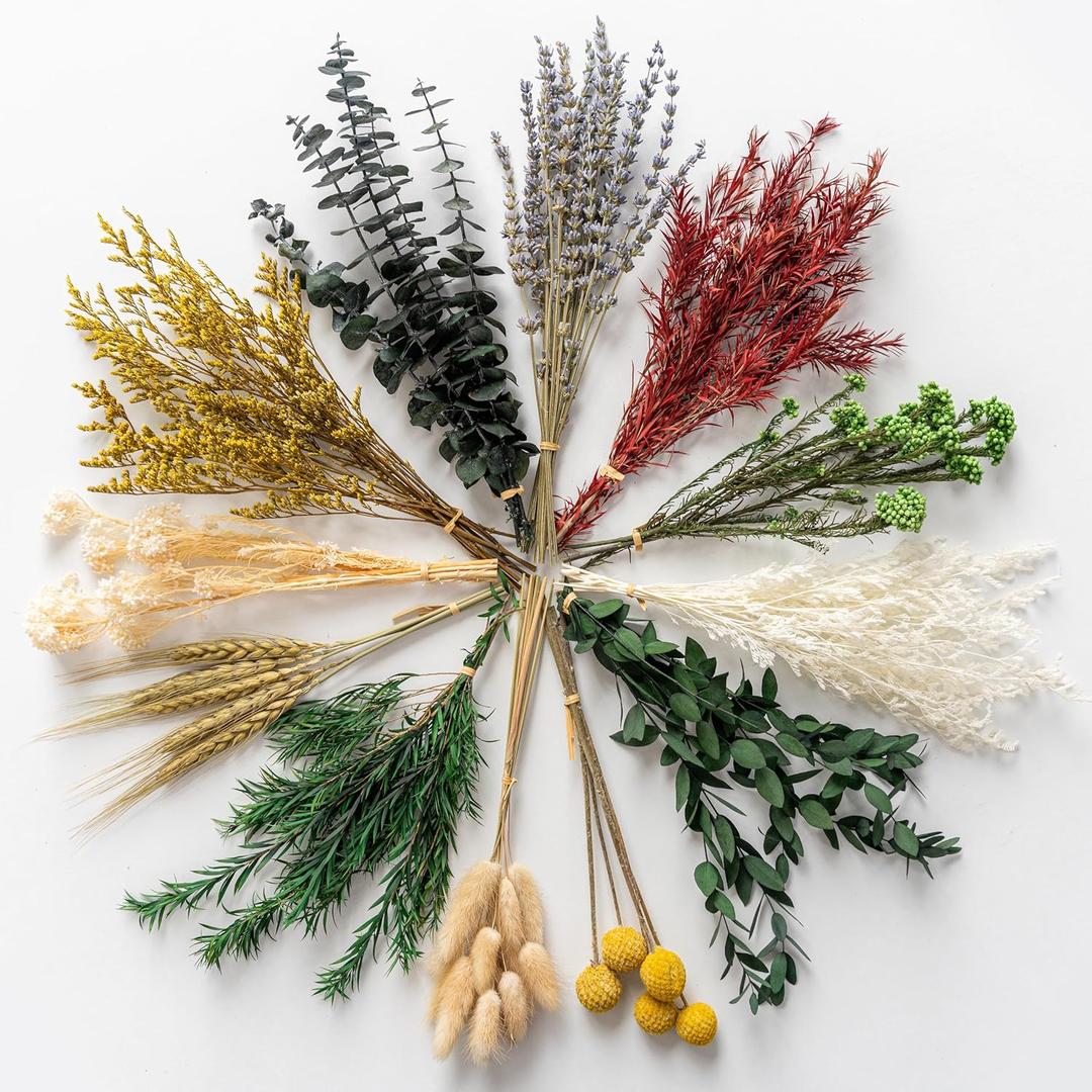 WILD AUTUMN 12 Kind Dried Flowers Set - Including Lavender, Eucalyptus, Wheat, Bunny Tails, Handmade for DIY Crafts, Vase Decor, Wedding/ Home/ Birthday/ Seasonal Decor