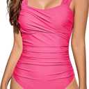 One Piece Bathing Suit for Women Tummy Control Swimsuits Square Neck Ruched Modest Swimwear (Large, Pink)