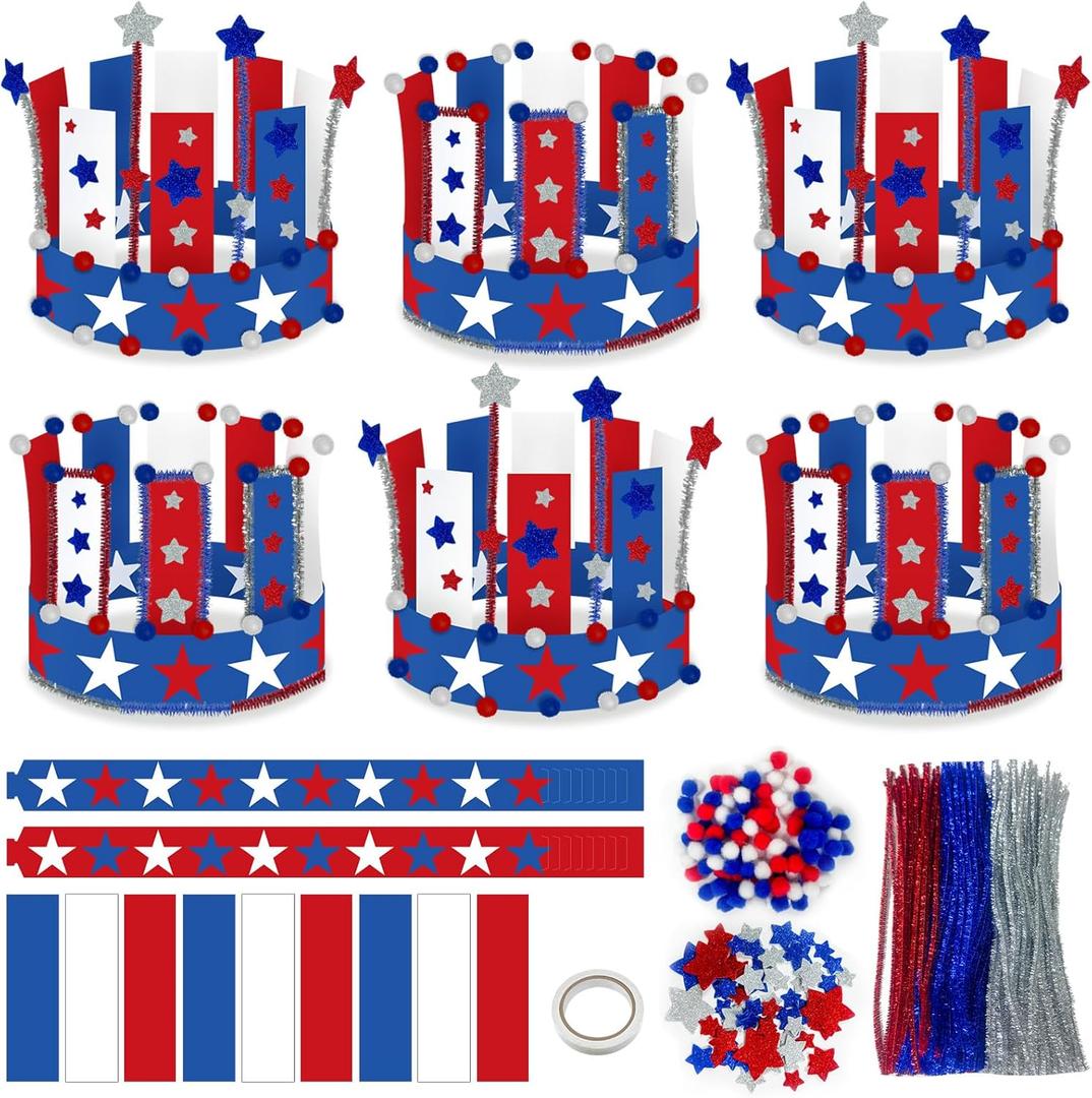 Cinrobiye 24 Set 4th of July Craft Kits Patriotic Crown Hat Craft Independence Day Crown Head Band for Memorial Day Party Favor School Home USA Patriotic Activity Decoration Supplies