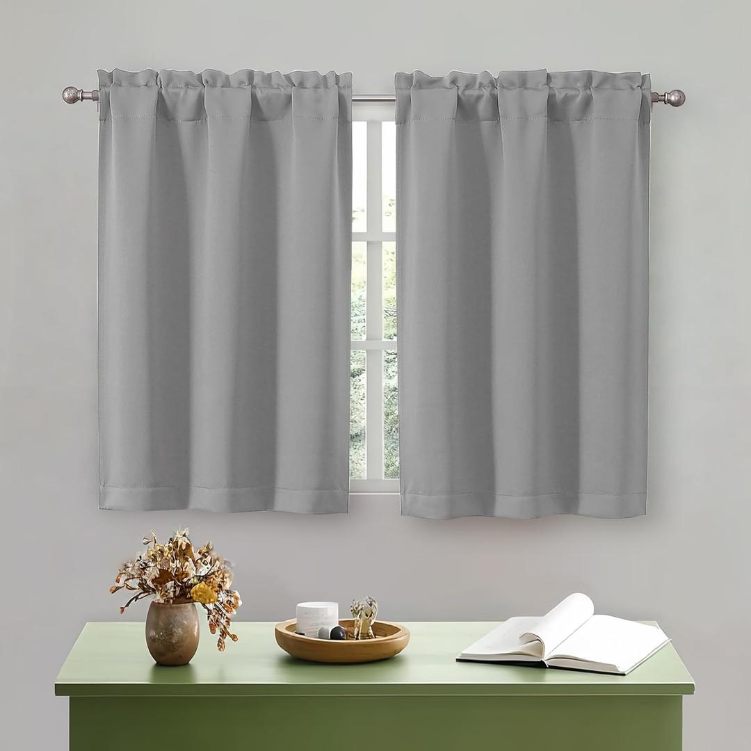 OWENIE Silver Grey Kitchen Curtains 36 Inch Length, Short Blackout Small Thermal Insulated Curtains Tier Over Sink Rod Pocket Half Window for Bathroom Bedroom Camper RV Bunk, 2 Panels, Each 30Wx36 L