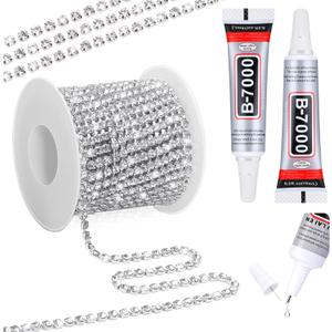 Crystal Rhinestone Close Chain Trim with B7000 Jewelry Glue, 11 Yards 4MM Silver with Clear Beads B-7000 Glue Rhinestones Chain for Crafts Sewing DIY Jewelry Wedding Decoration Sewing Beaded Trim
