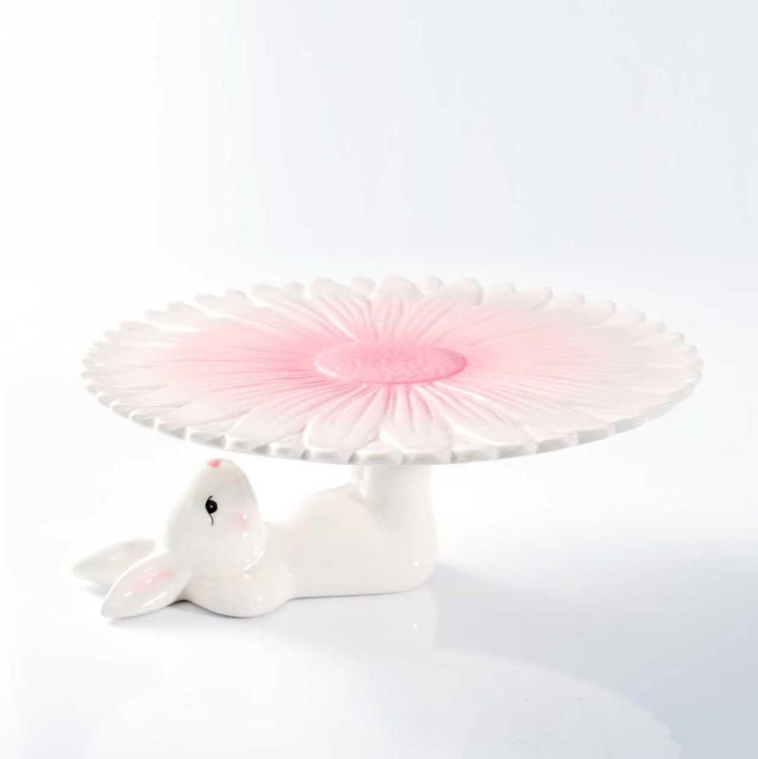 Easter Bunny Ceramic Cake Stand  Hand-Painted Pink Flower Dessert Plate, Holiday Ceramic Cake Holder for Easter Party, Spring Table Decoration