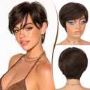 RUWISS Pixie Cut Wig Human Hair  Short Wigs for Black Women with Bangs Short Human Hair Wigs, Natural Layered Wavy Wig, Glueless, 0829-2# (ZF-001S, 2# ZF-001S)