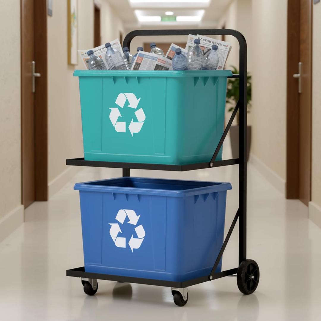 Metal Recycling Cart, 2-Tier Recycle Bin Cart with Wheels(Only Rack) | Portable Rolling Cart for Recycling, Heavy Duty Trash Can Trolley for Kitchen, Office, Courtyard, Garbage Sorting, Warehouse