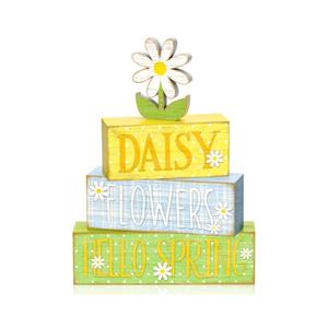 4Pcs Daisy Flower Hello Spring Wooden Stack Signs Rustic Farmhouse Tiered Tray Decor Yellow Blue Floral Wooden Table Decor for Spring Home, Kitchen, Office