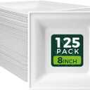 White 8-Inch Square Disposable Plates [125-Pack] - Compostable Heavy Duty Sugarcane Plates, Biodegradable Eco-Friendly Dinner Plates for Party