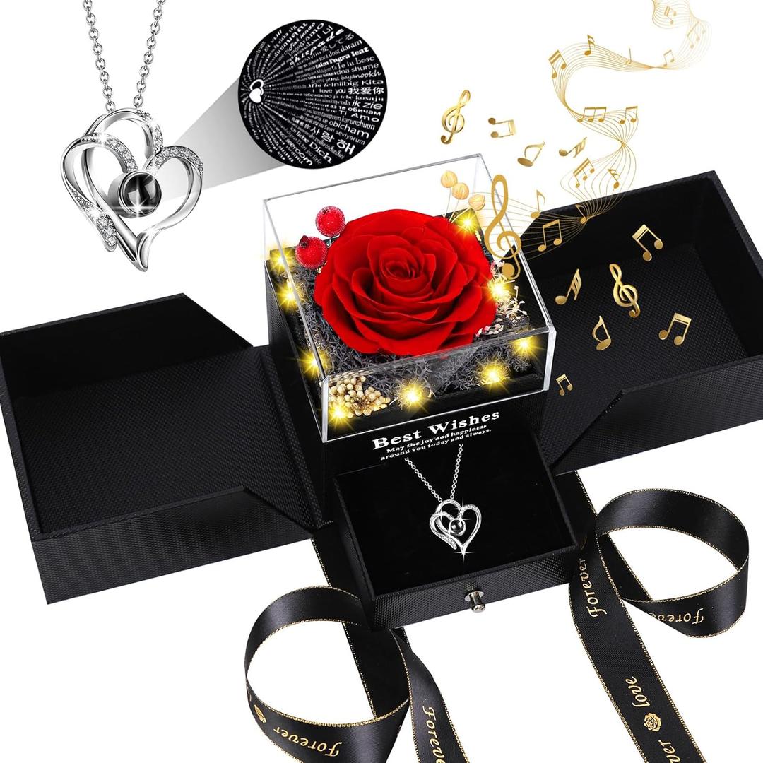 Pasuvsigt Mothers Day Mom Birthday Gifts for Women, Preserved Real Rose with I Love You Heart 100-Language Necklace, LED Lights & Music Box, Anniversary for Women Girlfriend Mom (Red)