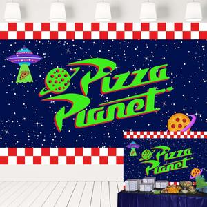 Pizza Party Backdrop Planet in Blue Star Sky Backdrop Cartoon Story Space Theme Banner for Birthday Baby Shower Decorations 7x5 ft 36
