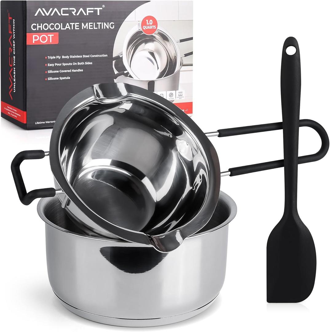 AVACRAFT Double Boiler 18/8 Stainless Steel Double Boiler Pot with Stainless Steel Pot and Silicone Spatula, Double Boiler Set for Melting Chocolate, Candy, Soap, Wax, Candle Making (1 Quart)
