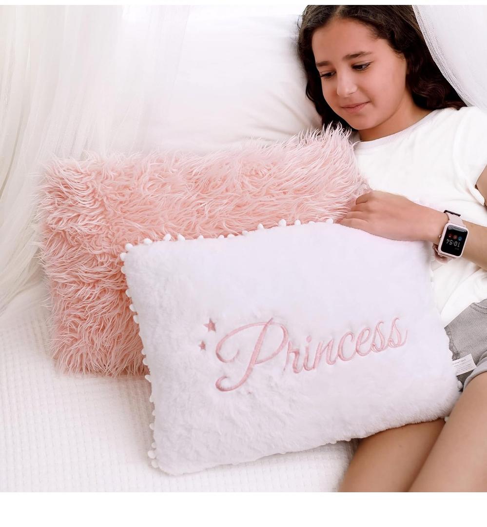 Perfectto Design Set of 2 Decorative Pillows for Toddler Kids Room. White Fluffy Princess Embroidered and Furry Pink Faux Fur Pillow. Soft and Plush Throw Pillows for Kid’s Bedroom Décor