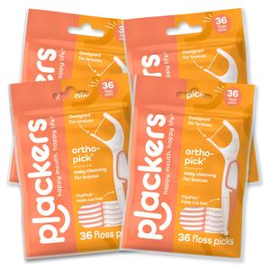 Plackers OrthoPick Floss Picks Designed for Braces, Tuffloss Made Without PTFE, FlipPick Clean Between Brackets, 36 Count (4 Pack)
