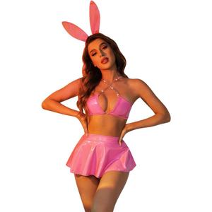 FYMNSI Women Rave Outfits Halloween Musical Festival Costume PU Leather Lingerie Bra Briefs Skirt Headband for Party Dancing (Medium)