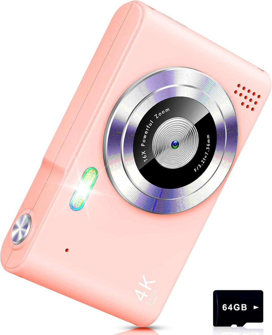 Digital Camera, Camera for Kids, UHD 4K 48MP Point and Shoot Digital Cameras with 64GB SD Card and 16X Digital Zoom Anti Shake, Compact Portable Small Gift for Boys Girls Students (Cherry Pink)