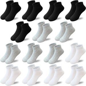 15 Pairs Kids Low Cut Socks Half Cushion Sport Ankle Athletic Socks for Boy Girl (8-10 Years, Black,white,grey)