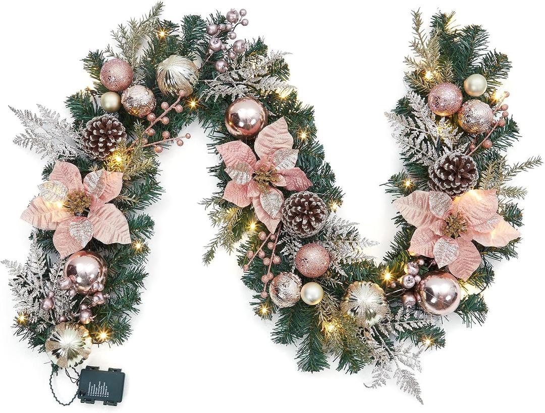 Christmas Garland with Lights, 6ft Prelit Outdoor Christmas Garland with Timer 20 LED Lights Pinecones Rose Gold Ball Ornaments for Mantle Fireplace Stairs Railing Indoor Decorations, Battery Operated