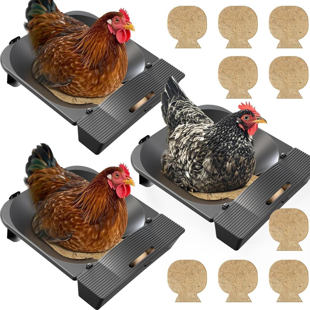 Roll Away Nesting Box for Chicken Coop, 3-Pack with 9 Coconut Fiber Pads, Automatic Egg Collection System (3Pack)
