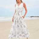 Women Sleeveless Boho Floral Maxi Dress Summer Casual Wrap Vneck Smocked Tie Flowy Ruffle Tiered Beach Long Sundress Pocket (White, XL)