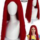 ANOGOL Hair Cap+Sally Wig Sally Cosplay Costume Wigs Long Straight Dark Red Yarn Wig Red Cosplay Wigs Nightmare Cartoon Anime Outfit for Halloween Party Birthday Party Costume for Women