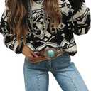 Womens Pullover Sweater Western Print Knit Tops Boho Drop Shoulder Brown Bows & Horseshoes L