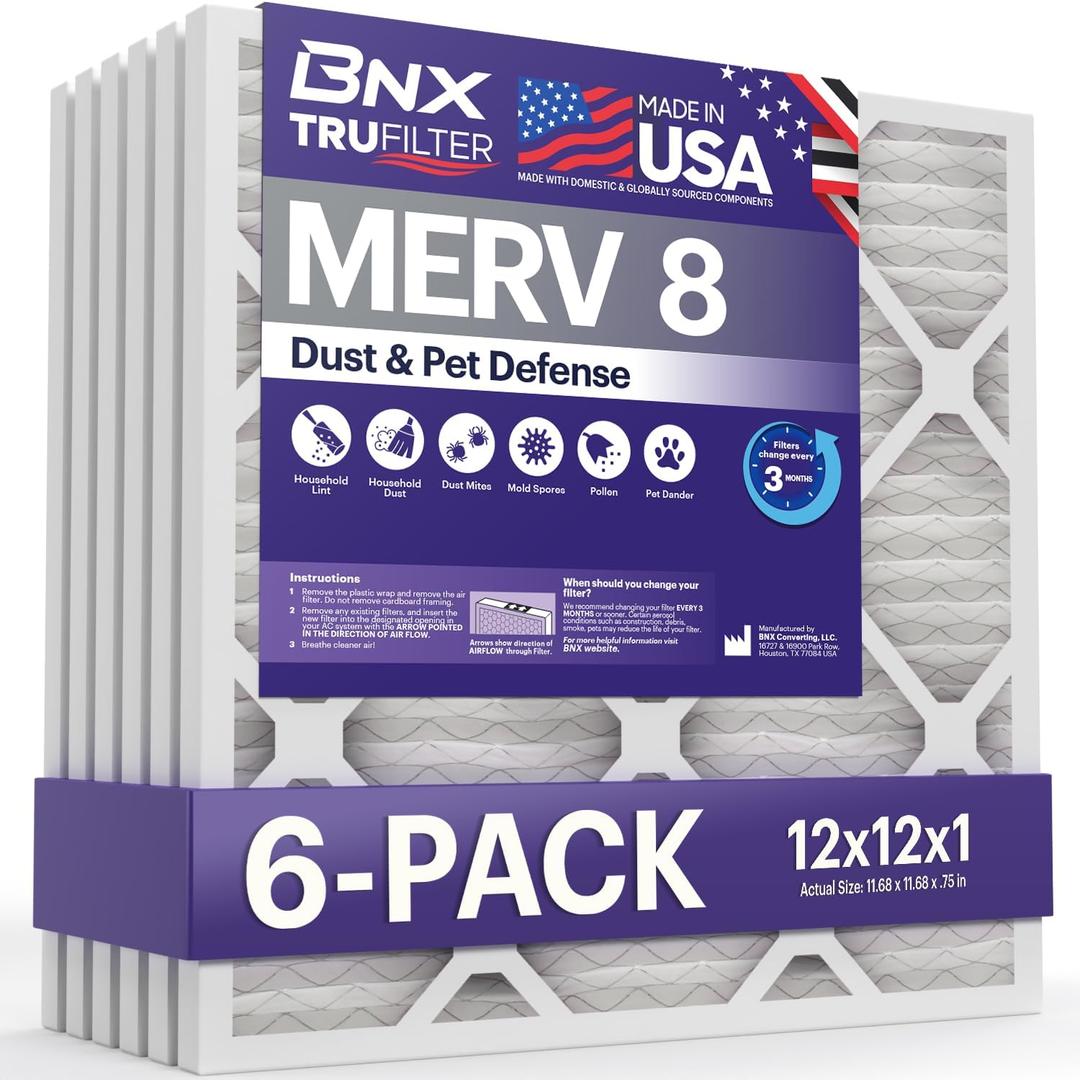 BNX TruFilter 12x12x1 Air Filter MERV 8 (6-Pack) - MADE IN USA  Dust & Pet Defense Pleated Air Conditioner HVAC AC Furnace Filters for Dust, Pet, Mold, Pollen MPR 600  700 & FPR 5