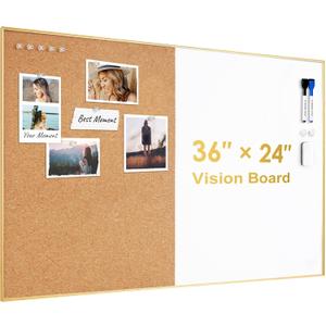 ARCOBIS Cork Board White Board Combo, 36 x 24 Inch Bulletin Board-Gold Frame, Magnetic Dry Erase Board & Corkboard for Wall, Vision Board for Home, Office, School