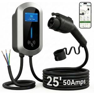 Fullwatt Level 2 EV Charger 50 Amp/12KW, 240V Hardwired Electric Car Charger with J1772 Connector & Display, Wi-Fi and Bluetooth Enabled Electric Vehicle Charging Stations IP65 RFID, 25FT Cable, Grey