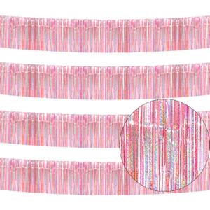 4 Pack Iridescent Pink Total 40 Feet Foil Fringe Garland Metallic Tinsel Banner Wall Hanging Drapes Parade Float Skirting Decorations for Trailer Mardi Gras Party Birthday Wedding