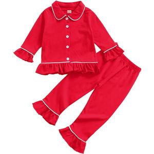 Toddler Kids Baby Girl Solid Pjs Ruffle Long Sleeve Button Shirt Top and Pants Cotton 2Piece Pajamas Set (3-4T, Red)