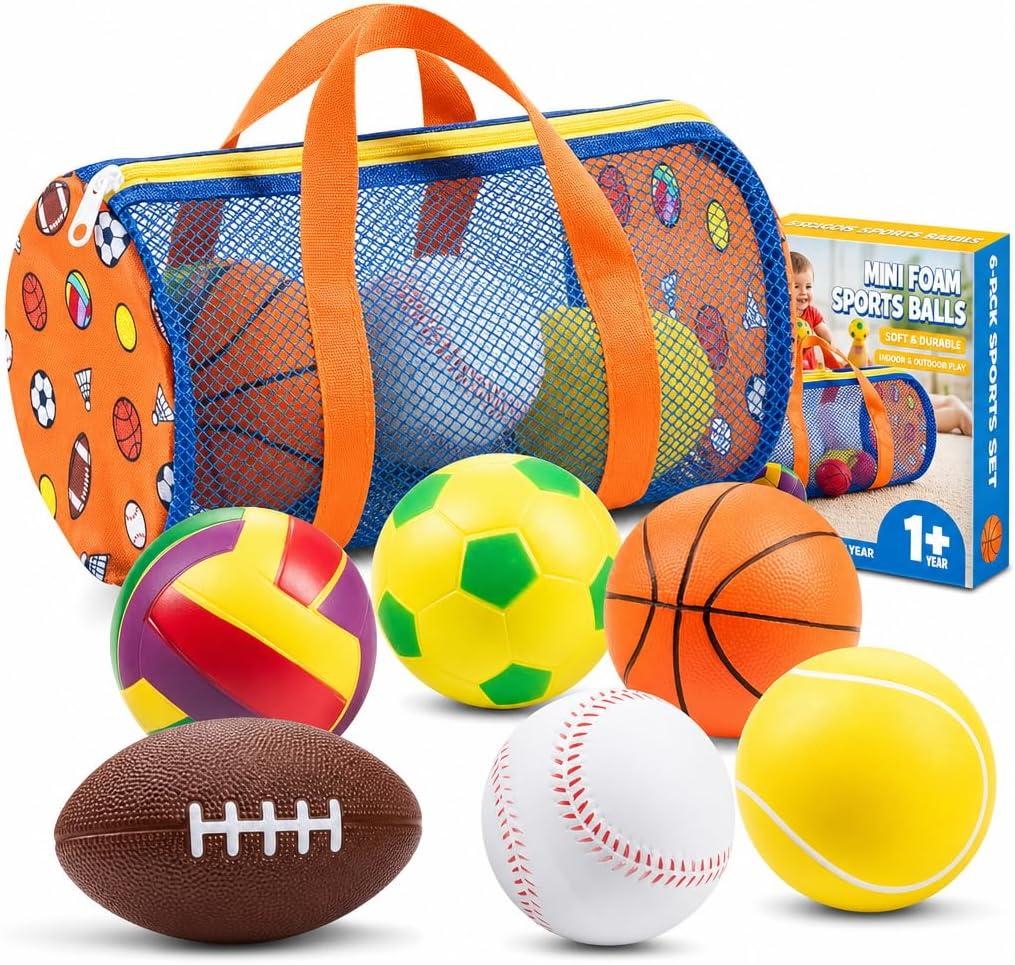Sports Balls for Toddlers 1-3, 6 Piece Soft Sports Balls with Foam Soccer, Basketball, Football, Baseball, Tennis & Volleyball - Toddler Boys & Girls Ball Toy Gift