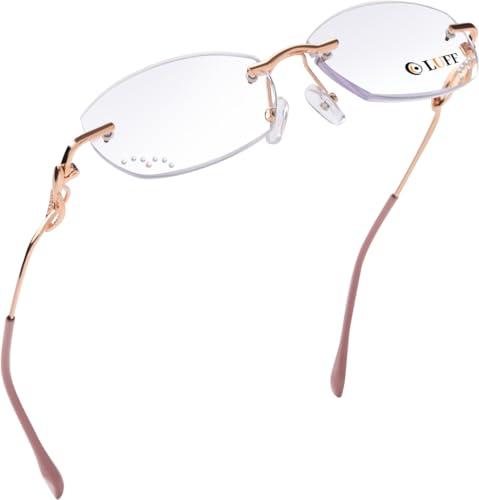 LUFF Anti-Blue Light Rimless Reading Glasses for Women,Stylish Frameless Reading Glasses Diamond Cut Edge Lens,Lightweight Metal Computer Readers,Anti Eyestrain, Diamond Cut Edge Lens(1.0X)